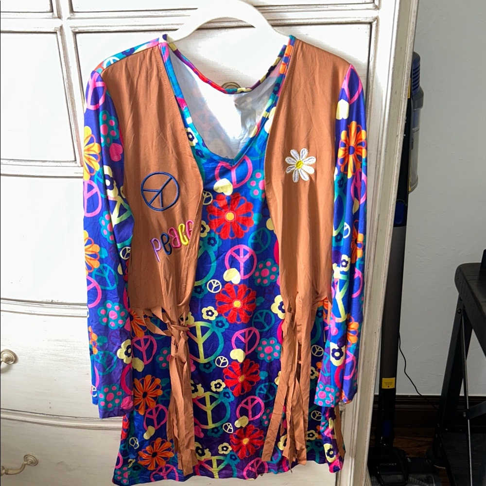 Retro Peace & Flower Tunic with Fringe Vest - Bright Multi